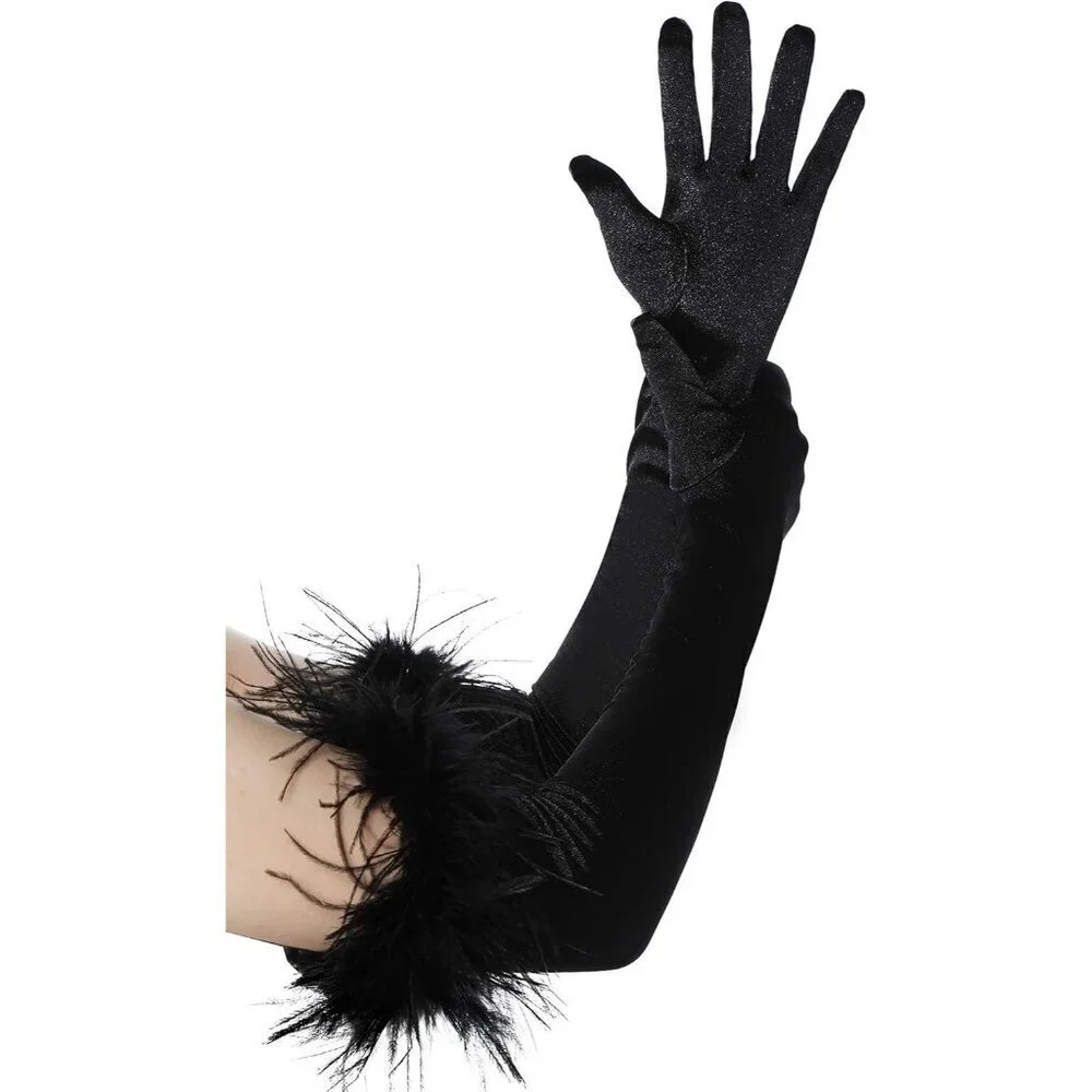Women's Evening Black Feather Long Satin Gloves Stretchy Elbow Halloween Costume